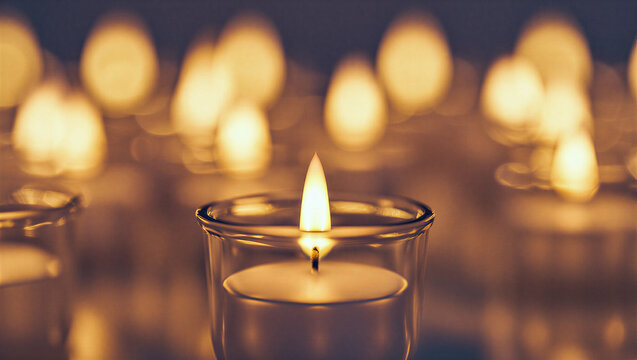 A single lit candle in a glass holder glows brightly with a warm flame surrounded by a soft bokeh of many other blurred candles Worldwide Candle Lighting - Powered by Adobe