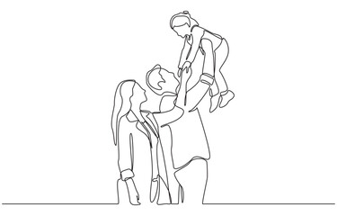 Continuous one line drawing of parents joyfully lifting a young child into the air, family bonding concept, single line art.