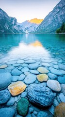A beautiful lake with clear water and rocks in the foreground, with mountains and their reflection in the water at sunset.