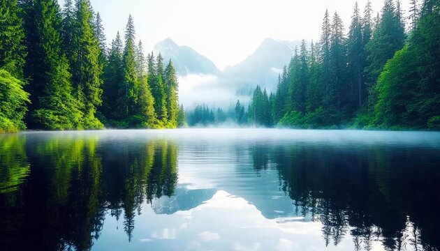 A tranquil lake surrounded by lush green trees and mountains, with a soft mist creating a serene and peaceful atmosphere.