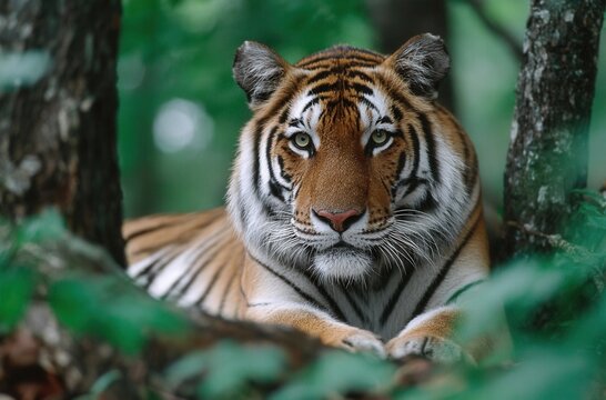 a tiger resting in the forest, surrounded by lush greenery and tall trees.