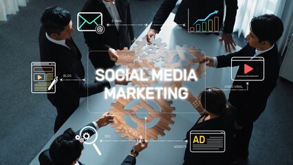 A dynamic business meeting featuring professionals discussing social media marketing strategies with digital icons, charts, and gears, emphasizing collaboration and innovation. Raster