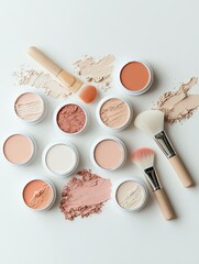 Overhead shot of various makeup products including compacts, brushes, and powder swatches, arranged on a white surface.