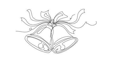 Continuous single line drawing of Christmas bells with ribbon, smooth single line curves, festive minimalist. Vector illustration
