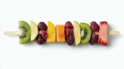 A colorful fruit skewer featuring kiwi, apple, raspberries, orange, and strawberry on a white background.