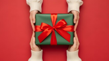 Hands holding a green gift box with red ribbon on red background