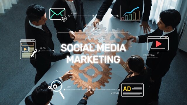 A dynamic business meeting featuring professionals discussing social media marketing strategies with digital icons, charts, and gears, emphasizing collaboration and innovation. Raster - Powered by Adobe