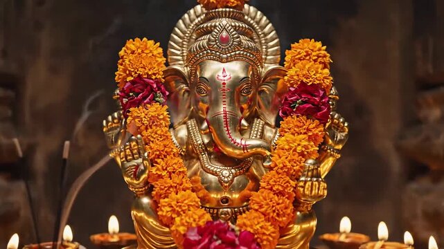 Golden Lord Ganesha Idol Puja Ceremony with Marigold Garlands and Diyas