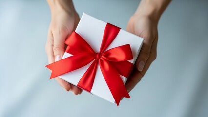 Hands Presenting a Gift Box Tied with a Red Ribbon