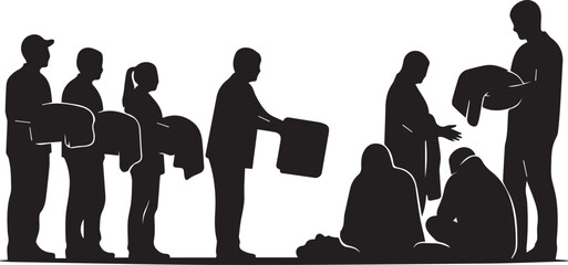 International volunteer day silhouettes helping others with clothes and supplies symbolizing aid