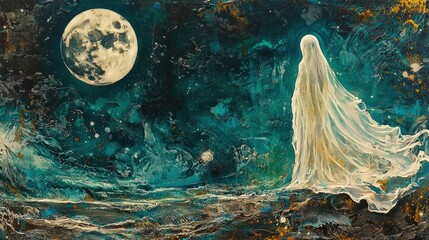 Ethereal Figure Under Moonlight - A Dreamlike Landscape Painting.