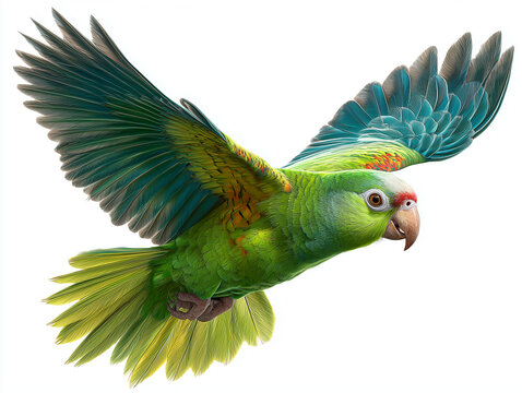vibrant green bird with colorful feathers flying gracefully in air, showcasing its stunning plumage and dynamic wings. bird vivid colors and energetic flight evoke sense of freedom and beauty