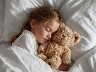 little girl peacefully sleeping in bed with her teddy bear, surrounded by soft white bedding. serene atmosphere captures moment of innocence and comfort