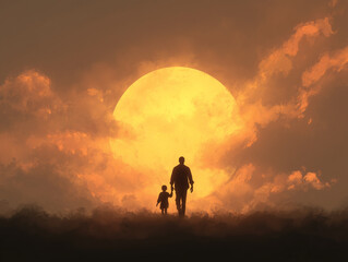 silhouette of parent and child walking hand in hand against glowing sun, creating warm and emotional scene. vibrant colors and soft clouds enhance feeling of togetherness
