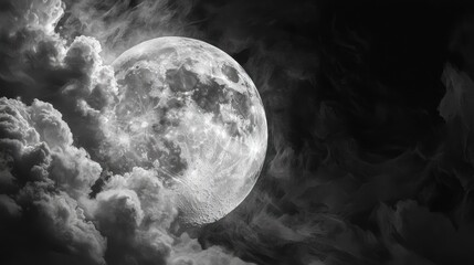 Dramatic Full Moon Shining Through Ethereal Clouds in the Night Sky.