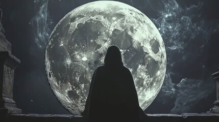 Silhouette Gazing at the Moon - A Moment of Contemplation.