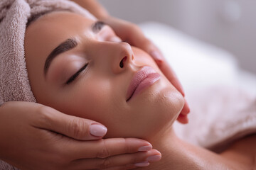 woman enjoys relaxing facial treatment in serene spa setting, with gentle hands providing care and comfort. atmosphere is tranquil and rejuvenating, perfect for self care