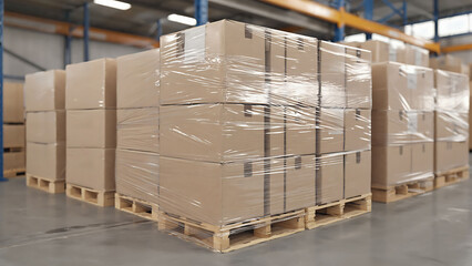 Plastic sheet wrapped around a bundle of cardboard boxes in warehouse ready for logistic. Storage and delivery concept for goods and products