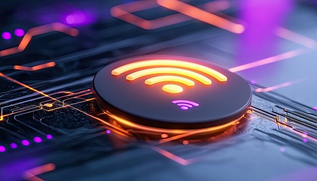 Close-up of a glowing Wi-Fi symbol on a circuit board, with futuristic lighting and a dark, modern aesthetic.