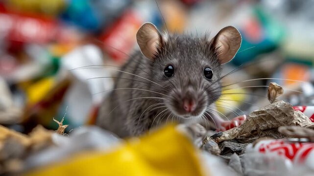 Brown rat scavenging through a pile of garbage bags, in urban environments. Rats amidst debris. Sanitation issues, pests problem in city. Rodents in dirty, unsanitary setting, disease. Pile of trash