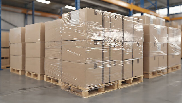 Plastic sheet wrapped around a bundle of cardboard boxes in warehouse ready for logistic. Storage and delivery concept for goods and products