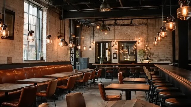 Interior view of a restaurant with tables chairs and lighting fixtures