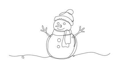 Continuous single line drawing of a cute snowman with a scarf and hat, gentle curves, minimal winter holiday theme, Vector illustration.