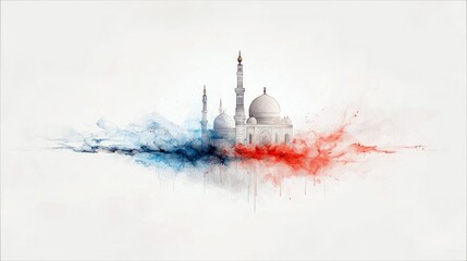 An artistic depiction of a mosque with abstract colorful elements on a white background, evoking a sense of spirituality and cultural significance.