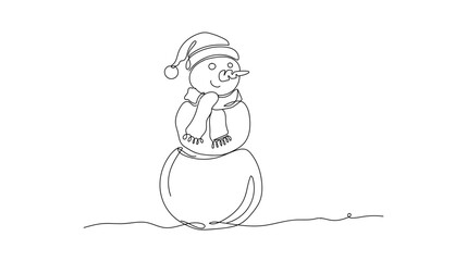 Continuous single line drawing of a cute snowman with a scarf and hat, gentle curves, minimal winter holiday theme, Vector illustration.