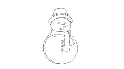 Continuous single line drawing of a cute snowman with a scarf and hat, gentle curves, minimal winter holiday theme, Vector illustration.