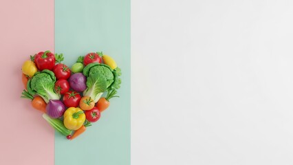 Heart shape made of fresh vegetables on a pink and green background