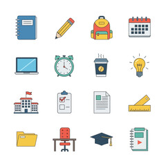 Flat Vector Icon Set: Back to School and Education Symbols Collection. Includes Backpack, Laptop, Graduation Cap, School Building, Desk, and Stationery Supplies.