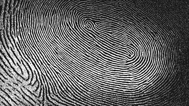 Black fingerprint background with detailed biometric thumb lines and grunge texture for human identity vector design
