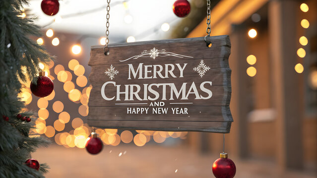 merry Christmas greeting card, Christmas sign, glowing Christmas board, fairy lights, Christmas ornament sign