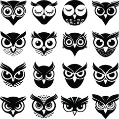 Owl head Icon Set, logotype silhouette Vector Owl  face Collection