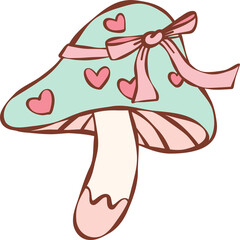 Vintage Love Mushroom with Heart Ribbon Handdrawn Doodle