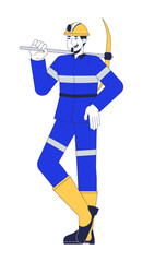 Smiling male miner holding pickaxe over shoulder 2D cartoon character. Mining profession. Hard labor. Caucasian man underground worker flat vector person isolated on white. Spot illustration colorful