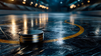 A close-up of a hockey puck on a smooth ice surface in a stadium. The rink is illuminated with bright lights, creating a dramatic atmosphere for the sport.