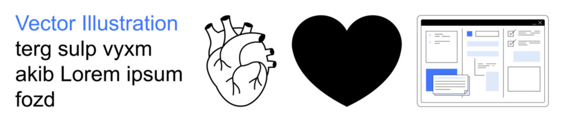 Graphic design, healthcare, technology, data organization, branding, education. Anatomical heart outline, heart shape and web layout icon. Graphic design and healthcare concept