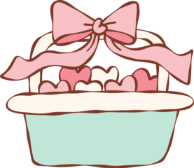 Retro Pink Gift Basket with Ribbon and Heart Handdrawn Doodle