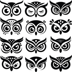 Owl head Icon Set, logotype silhouette Vector Owl  face Collection