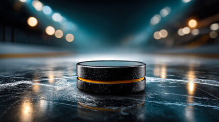 A close-up of a black hockey puck with an orange stripe on an ice rink. The background features blurred stadium lights, creating a dynamic sports atmosphere.