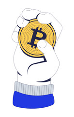 Hand holding bitcoin coin vector illustration. Fingers gripping BTC digital currency. Investment control. Cryptocurrency power 2D cartoon image isolated on white. Editable flat clipart colorful