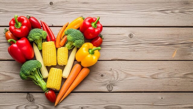 Heart shaped arrangement of fresh colorful vegetables on rustic wooden background