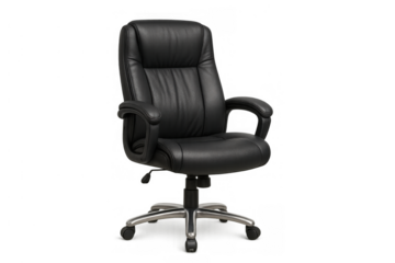 Black leather ergonomic office chair, executive seating for productivity and comfort, modern workspace furniture, transparent background