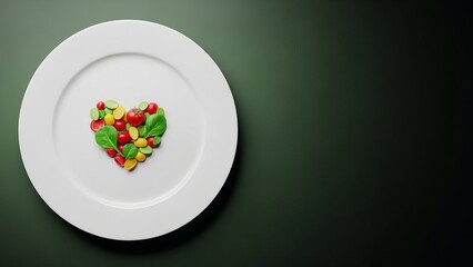 Heart shaped fruit salad on a white plate with dark background
