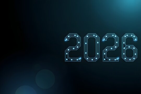 Futuristic 2026 circuit board design with glowing blue elements
