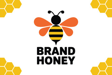 A stylized bee logo with the words BRAND HONEY below it, surrounded by honeycomb shapes.