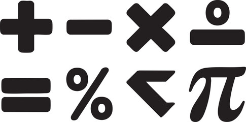 Obraz premium Set of eight solid black mathematical symbols and signs on white background plus minus