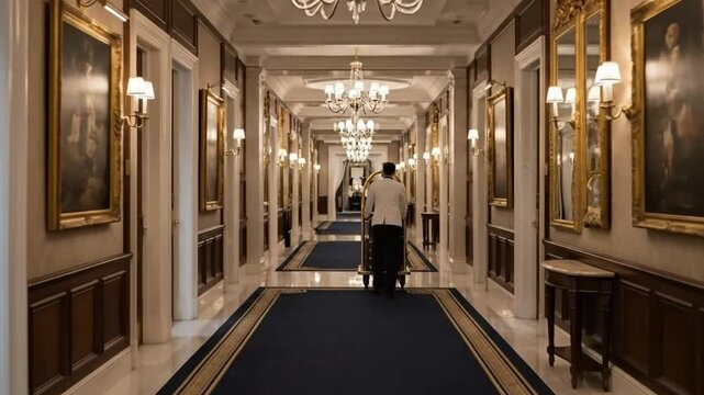 Hotel elegance with a bellhop in motion showcasing the luxurious interior design corridor